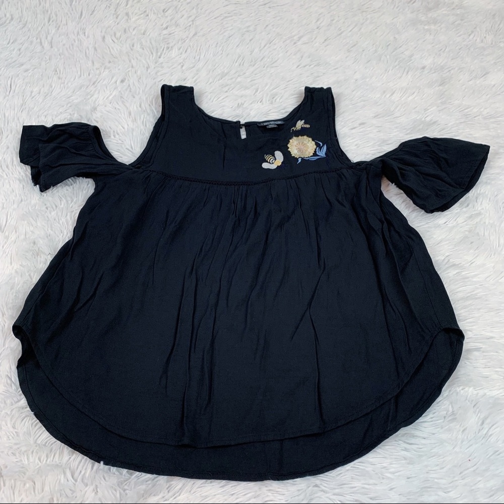 Topshop cold shoulder embroidered top black